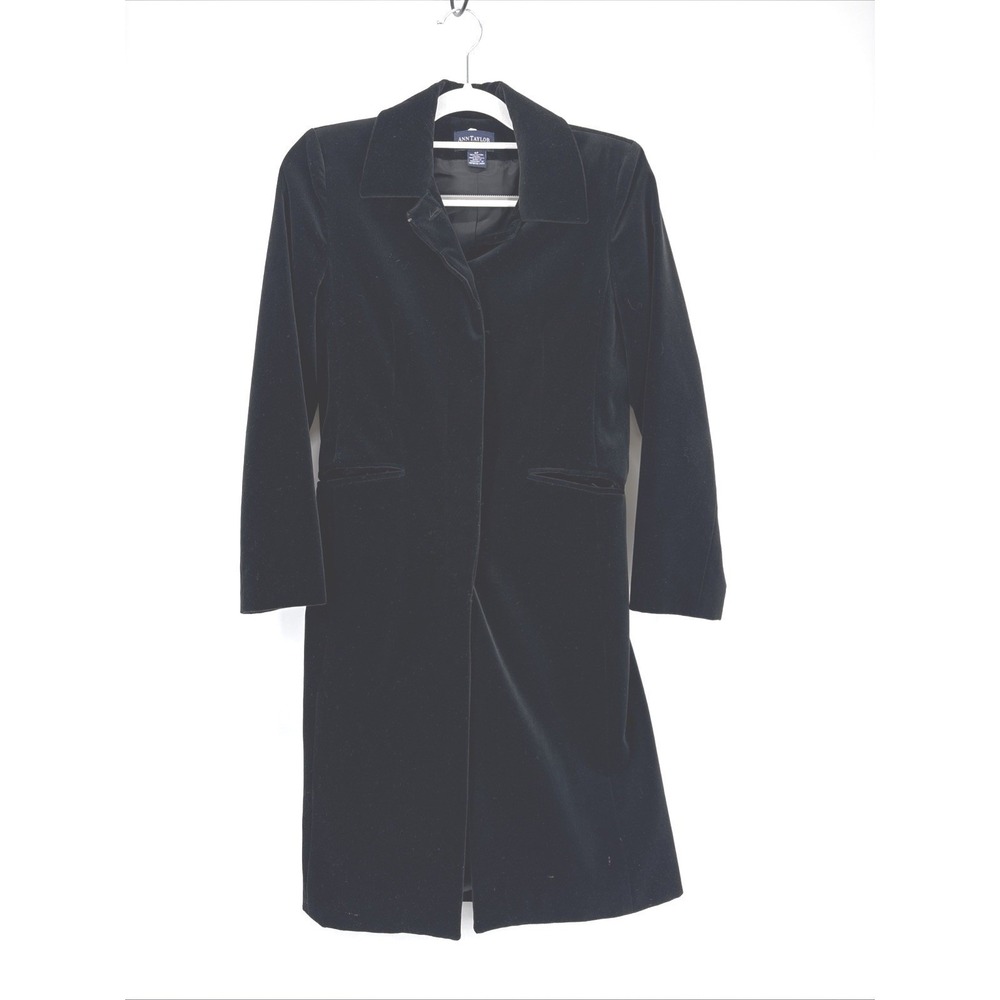 Ann Taylor Petites Velvet Long Coat 6P Black Lined Button Duster Tailored VTG